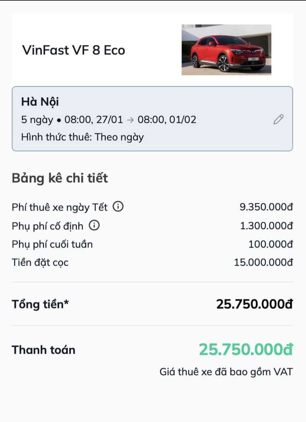 Phí thuê xe VF8 tết 2025