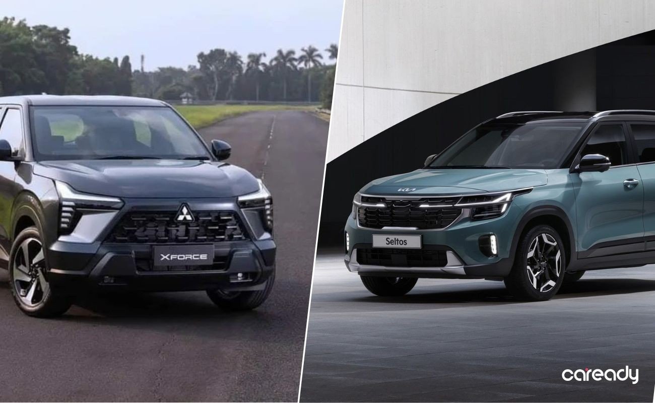 Dòng xe Kia Seltos và Mitsubishi Xforce trưng bày tại showroom.